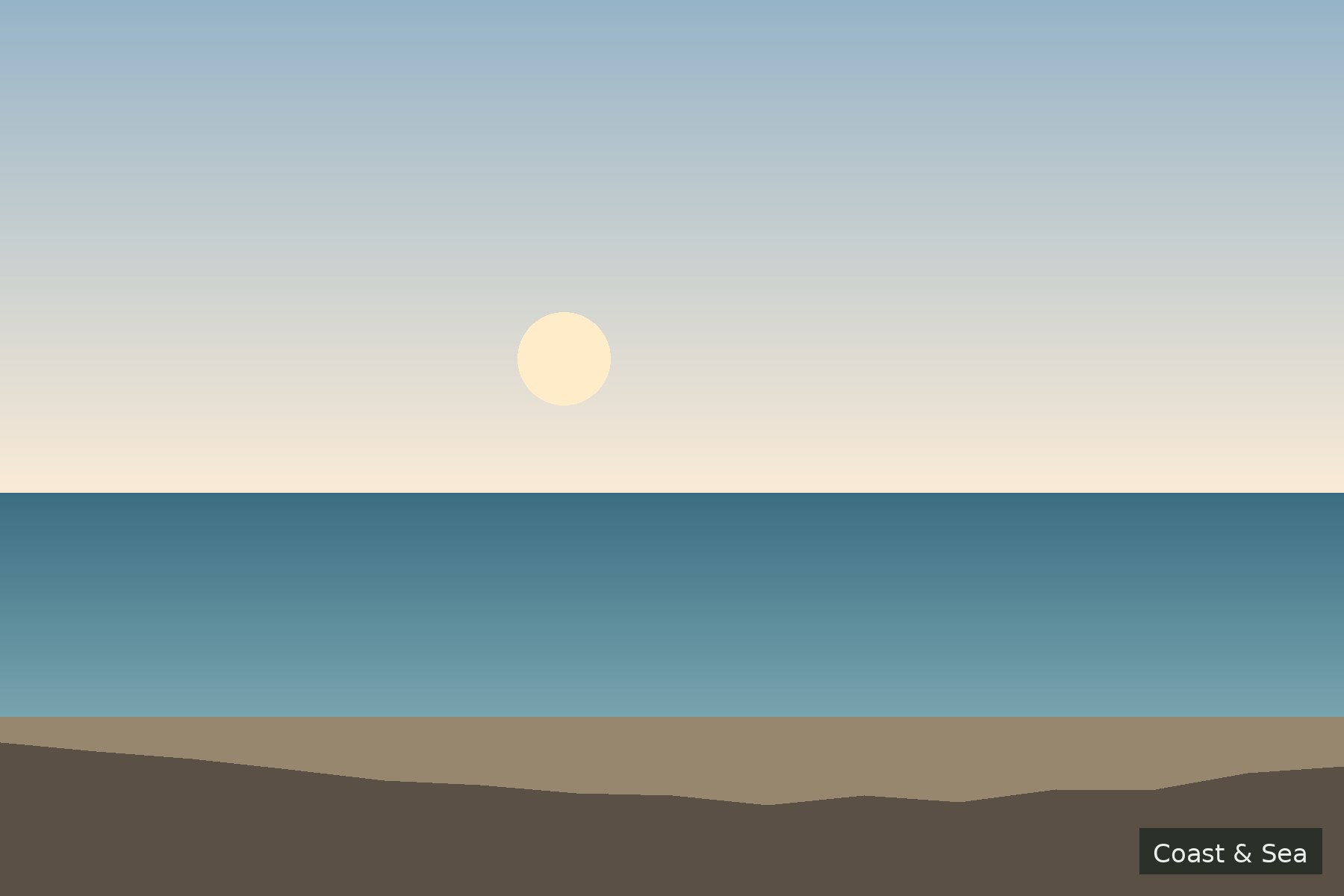 Open sea meeting a pale sky with a sandy foreground