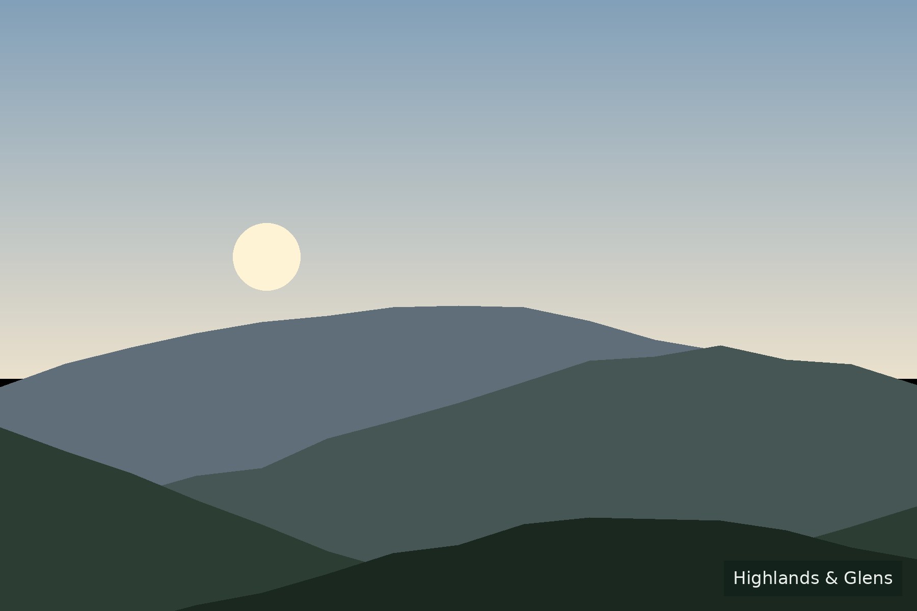 Warm golden-hour light across a Highland glen with distant peaks